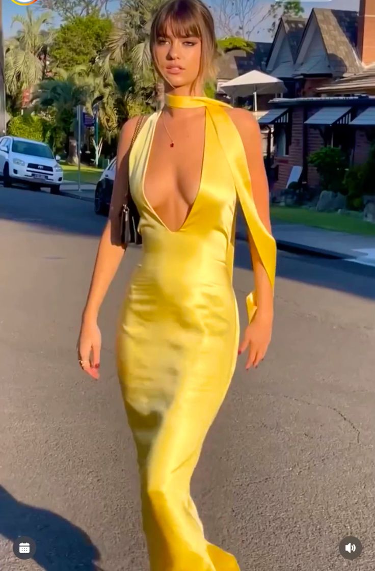 Classy Sheath V Neck Yellow Satin Prom Dresses Formal Summer Wedding Guest Dresses Wedding Guest Outfit W0154
