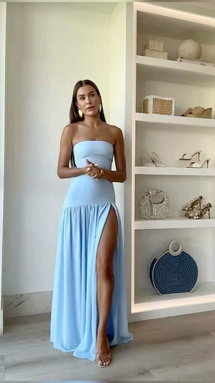 Simple A line Strapless Blue 20th Birthday Dress Long Chiffon Prom Dress Birthday Outfits For Women W0155
