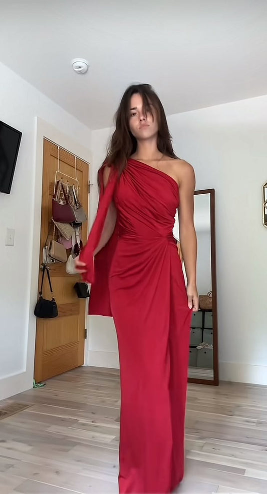 Sexy Sheath One Shoulder Red Prom Dresses Formal Summer Wedding Guest Dresses With Scarf Wedding Guest Outfit W0159