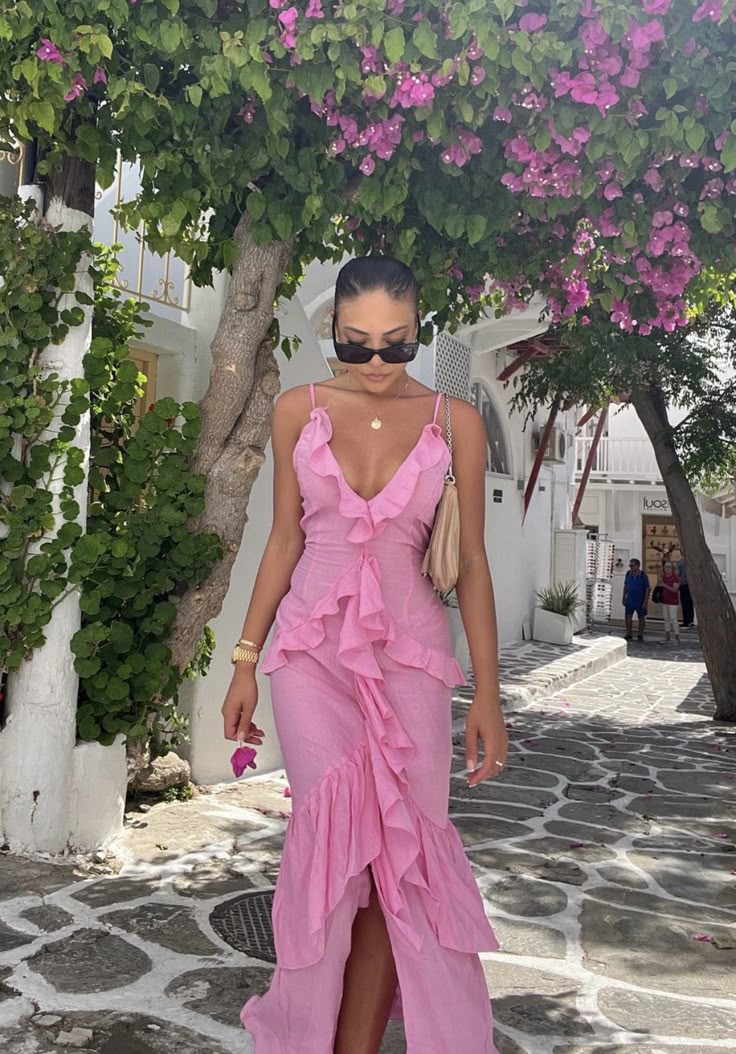 Sexy Sheath Spaghetti Straps Pink Chiffon Long Prom Dresses Formal Summer Wedding Guest Dresses Wedding Guest Outfit W0169