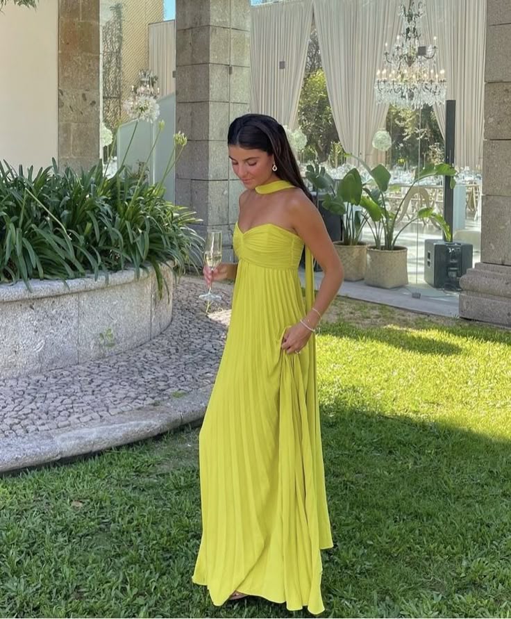 Modest A line Sweetheart Yellow Chiffon Prom Dresses Formal Summer Spring Wedding Guest Dresses Wedding Guest Outfit W0192