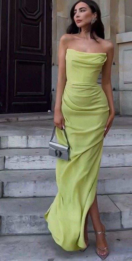 Modest A Line Strapless Chiffon Green Slit Prom Dresses Formal Summer Spring Wedding Guest Dresses Wedding Guest Outfit W0210