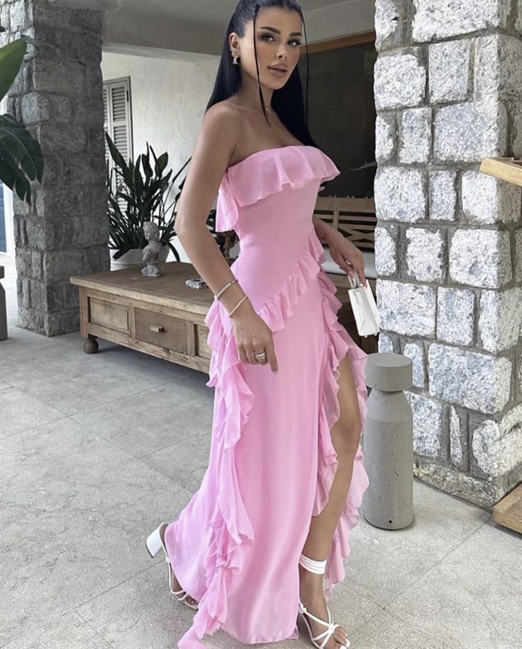 Modest A line Strapless Chiffon Pink 20th Birthday Dress Slit Prom Dress 18th Birthday Outfits Holiday Outfit W0216