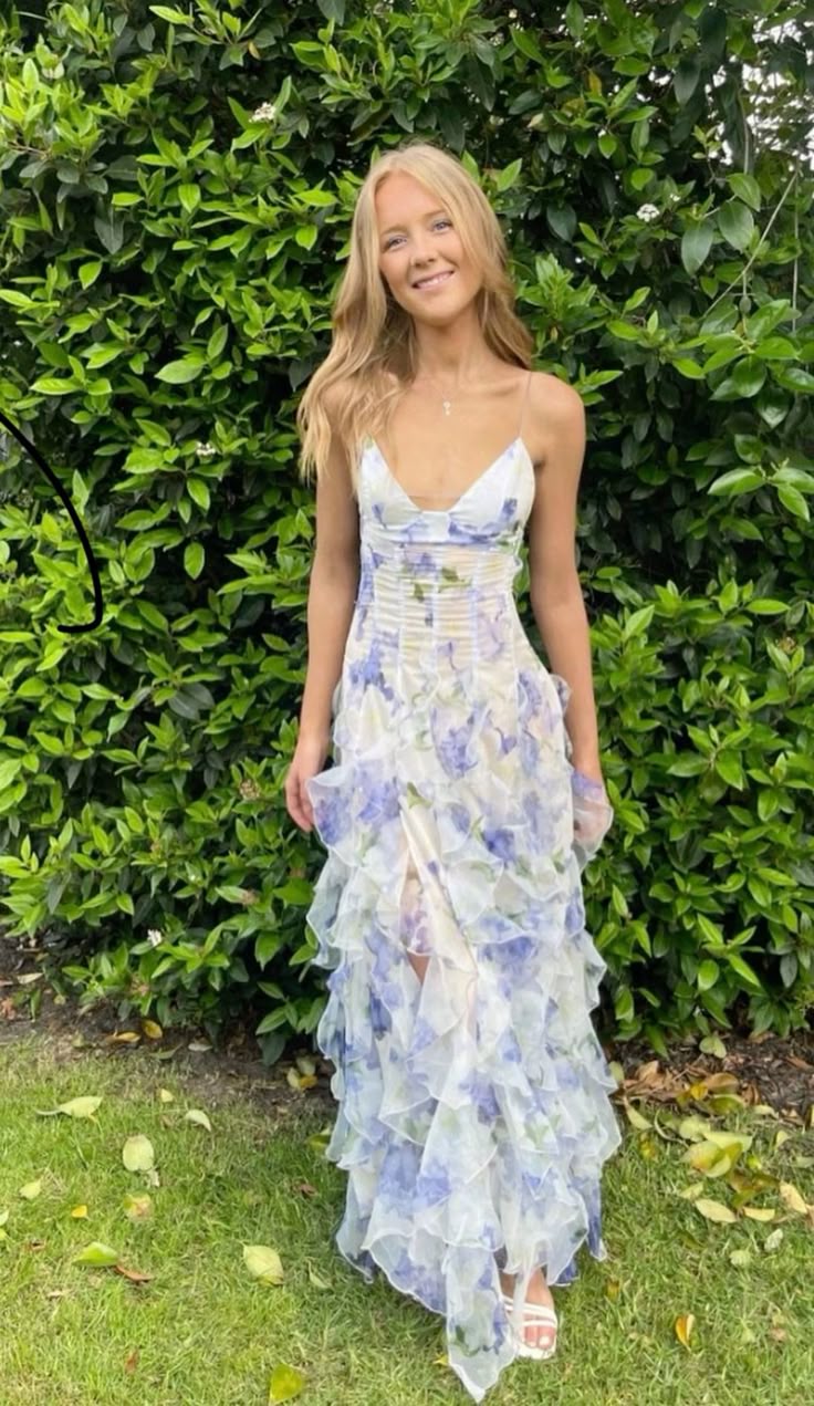 Elegant Sheath Spaghetti Straps Floral Blue Slit Prom Dresses Formal Summer Wedding Guest Dresses Wedding Guest Outfit W0234