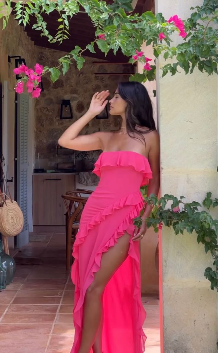 Classy Sheath Strapless Hot Pink Chiffon Slit Long Prom Dresses Formal Summer Wedding Guest Dresses Wedding Guest Outfit W0235