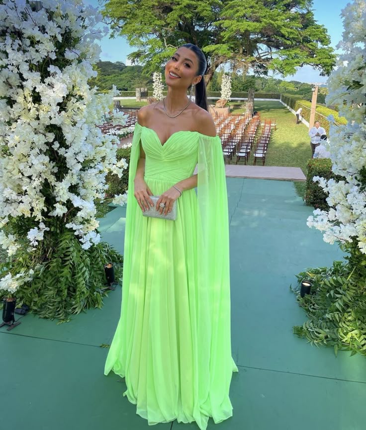 Classy A line Off The Shoulder Green Chiffon Long Prom Dresses Formal Summer Wedding Guest Dresses Wedding Guest Outfit W0245