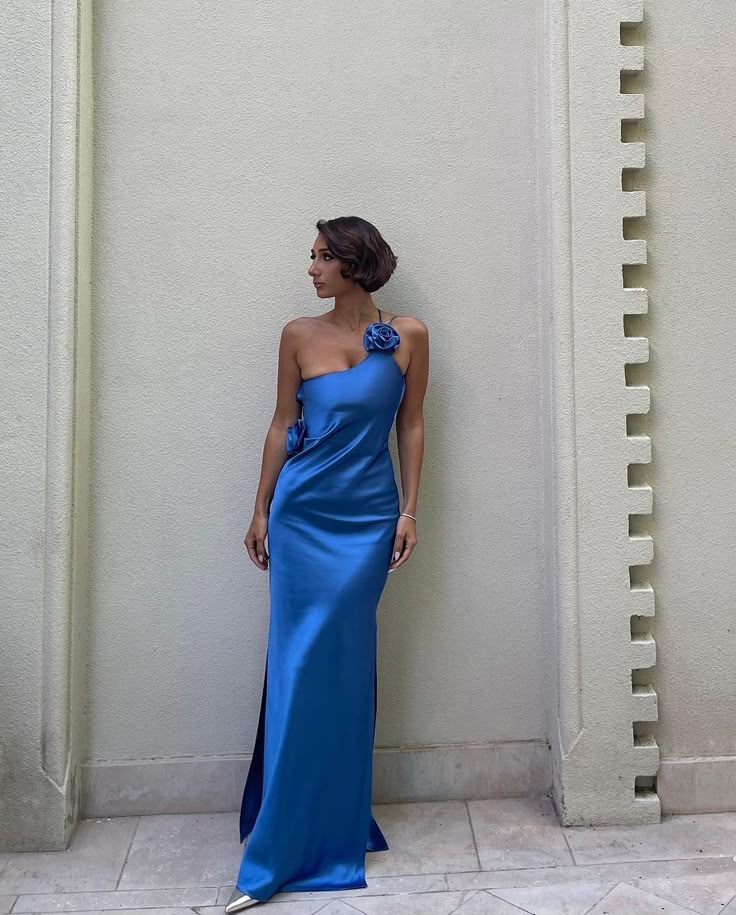 Classy Sheath Royal Blue One Shoulder Satin Long Prom Dresses Formal Summer Wedding Guest Dresses Wedding Guest Outfit W0263