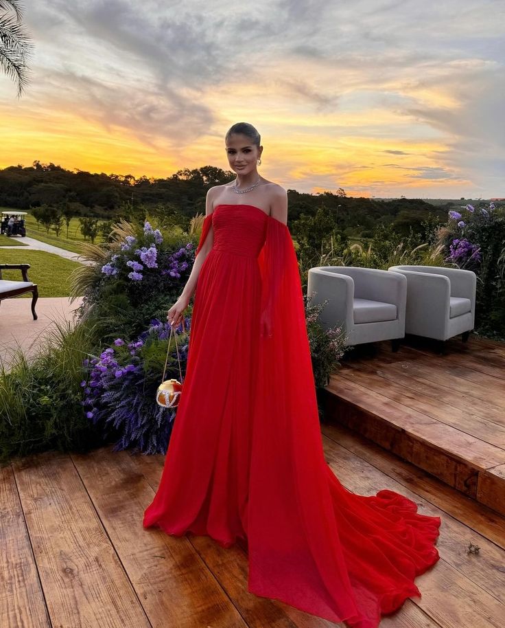 Classy A line Off The Shoulder Red Chiffon Long Prom Dresses Formal Summer Wedding Guest Dresses Wedding Guest Outfit W0272