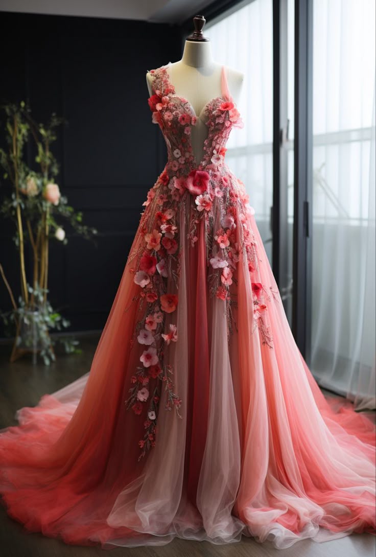 Pretty Ball Gown Sweetheart Pink Tulle Long Quinceanera Dress Formal Short Sleeves Flowers Vestido De 15 Anos Sweet 16 Dress W0288