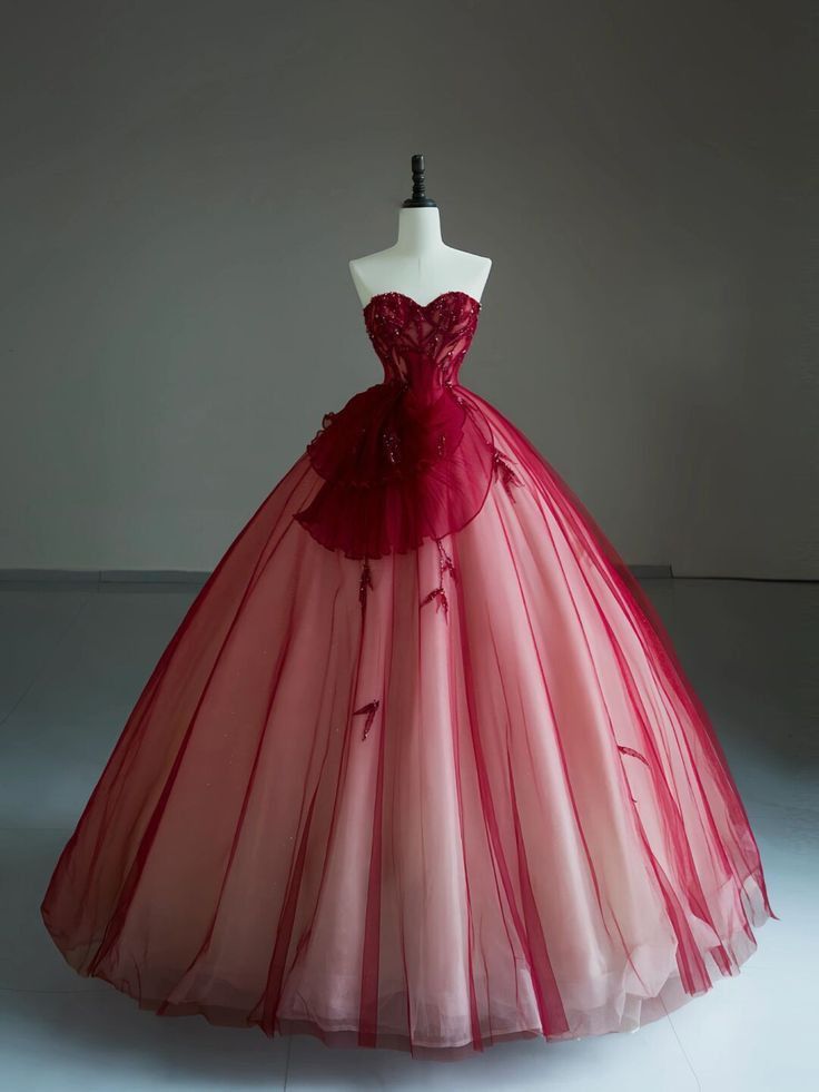 Pretty Ball Gown Sweetheart Red Flowers Tulle Long Quinceanera Dress Formal Gowns Vestido De 15 Anos Sweet 16 Dress W0307