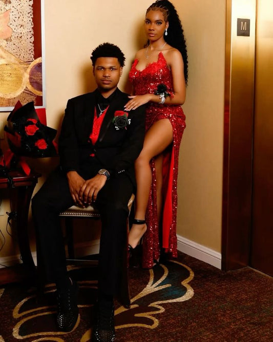 Vintage Sheath Strapless Sequin Slit Red Beads Long Prom Dresses Party Dress Black Girl Outfits Graduation Dresses W0364