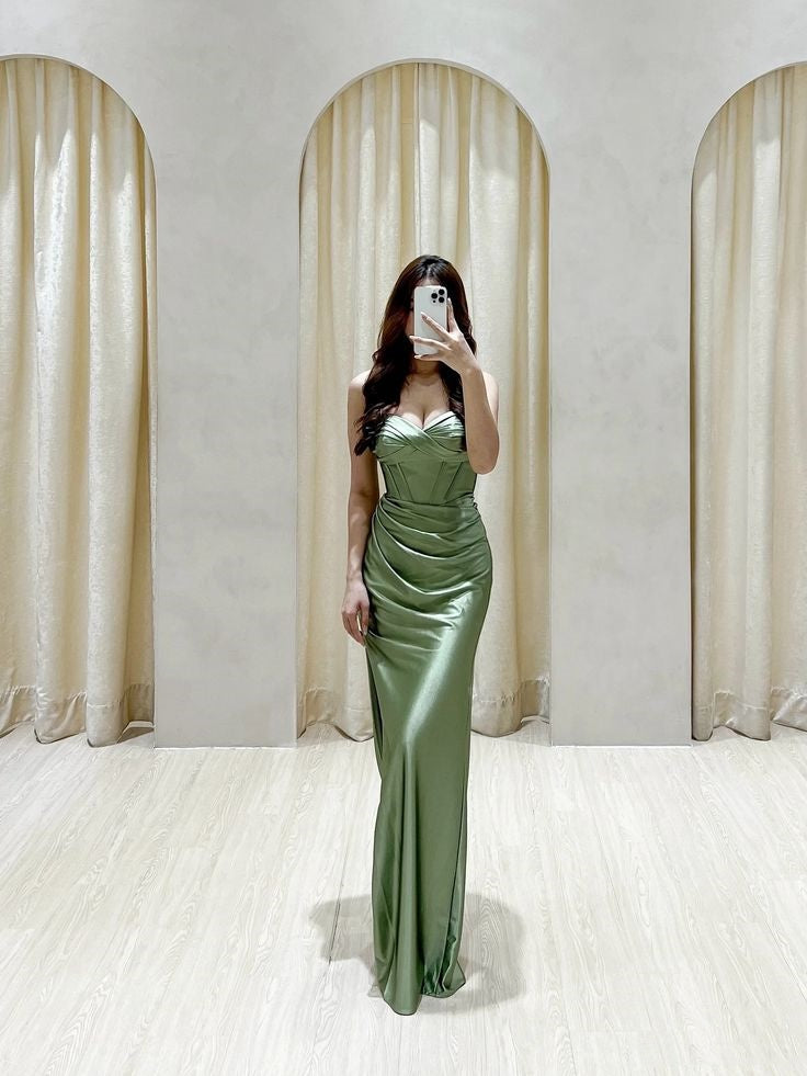 Classy Mermaid Sweetheart Green Satin Long Prom Dresses Formal Gown Summer Wedding Guest Dress Wedding Outfits For Guest W0380