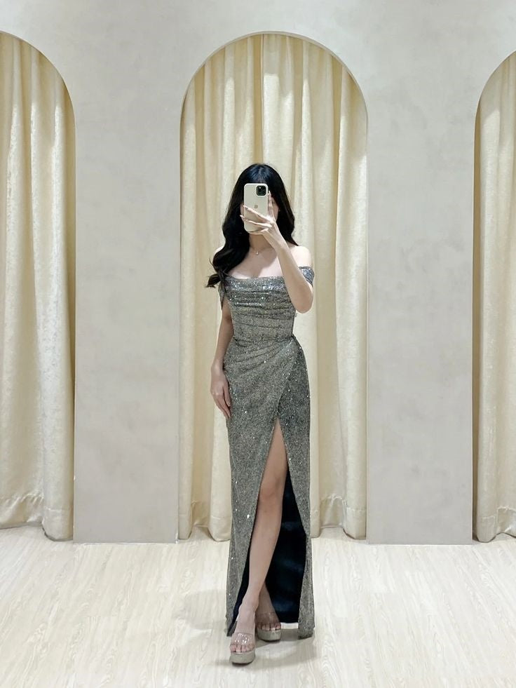 Classy Mermaid Off The Shoulder Gray Sequin Long Prom Dresses Formal Gown Summer Wedding Guest Dress Wedding Guest Attire W0381