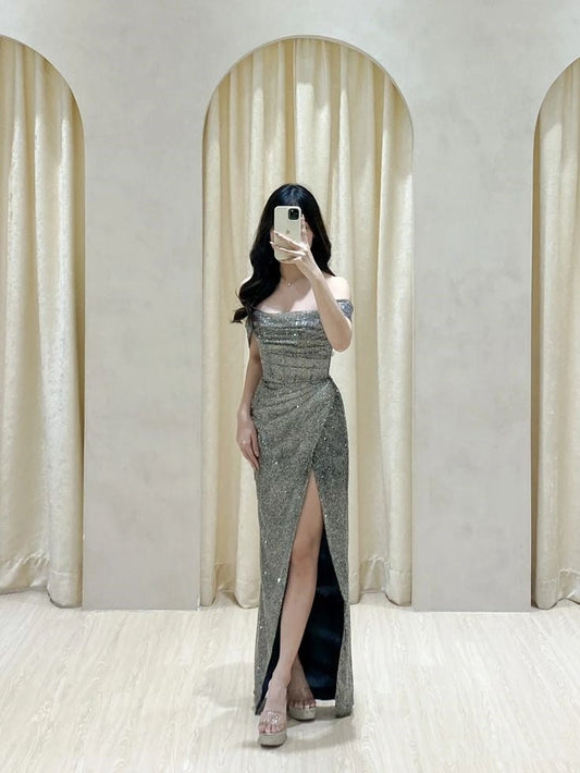 Classy Mermaid Off The Shoulder Gray Sequin Long Prom Dresses Formal Gown Summer Wedding Guest Dress Wedding Guest Attire W0381