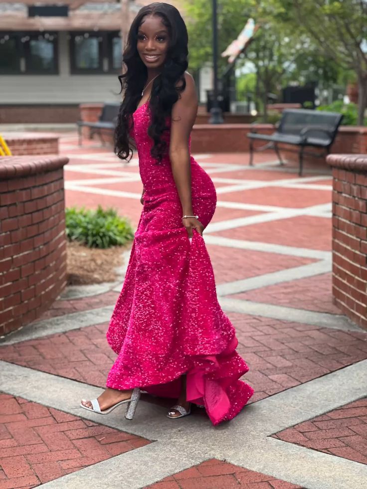 Classy Mermaid Spaghetti Straps Hot Pink Sequin Long Prom Dresses Party Dress Black Girl Outfits Graduation Dresses W0393