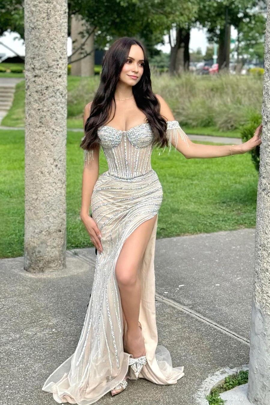 Classy Mermaid Off The Shoulder Champagne Sequin Split Black Girl Long Slit Prom Dresses Party Dress Birthday Outfits Graduation Dresses W0425