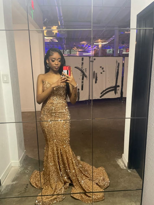 Classy Mermaid Sweetheart Gold Sequin Long Prom Dresses Formal Gown Summer Wedding Guest Dress Wedding Guest Attire W0422