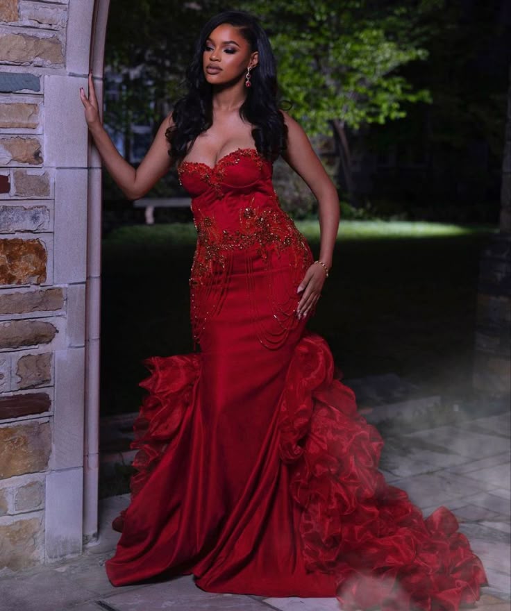 Vintage Mermaid Sweetheart Red Sleeveless Long Prom Dresses Party Dress Black Girl Outfits Graduation Dresses W0429