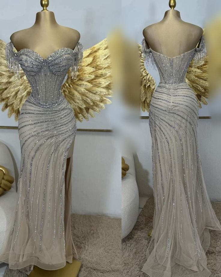 Classy Mermaid Off The Shoulder Champagne Sequin Split Long Slit Prom Dresses Party Dress Birthday Outfits Graduation Dresses W0438