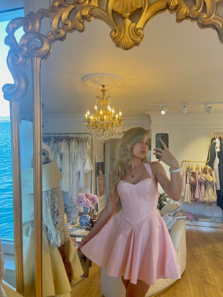 Cute A line Halter Pink Satin Short Summer Birthday Dresses Hoco Dress Mini 18th Birthday Outfit Cocktail Dresses W0458