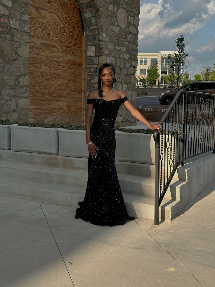 Classy Mermaid Off The Shoulder Black Sequin Black Girl Long Prom Dresses Party Dress Birthday Outfits Graduation Dresses W0478