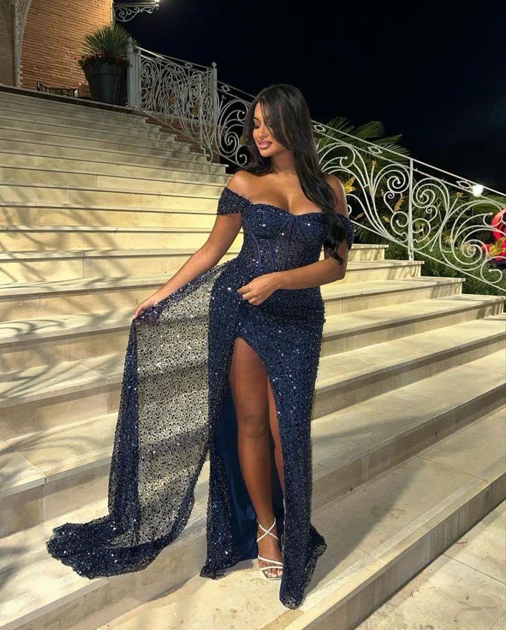 Classy Mermaid Off The Shoulder Navy Blue Sequin Black Girl Long Prom Dresses Party Dress Birthday Outfits Graduation Dresses W0507