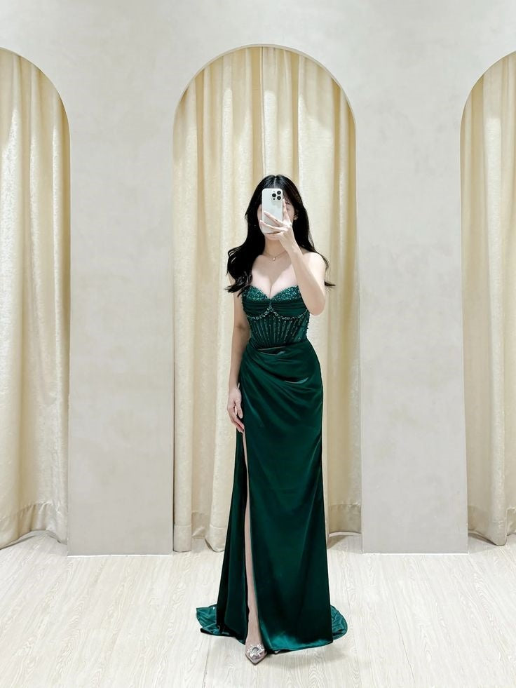 Sexy Mermaid Sweetheart Dark Green Slit Sleeveless Prom Dresses Party Dress Summer Birthday Outfits Birthday Dresses W0591
