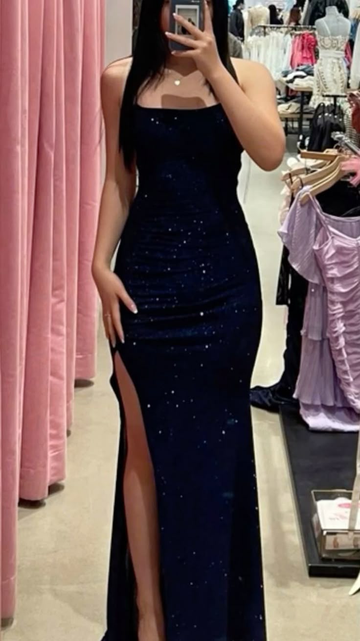 Classy Mermaid Spaghetti Straps Navy Blue Slit Long Prom Dresses Formal Gown Summer Wedding Guest Dress Wedding Outfits For Guest W0660