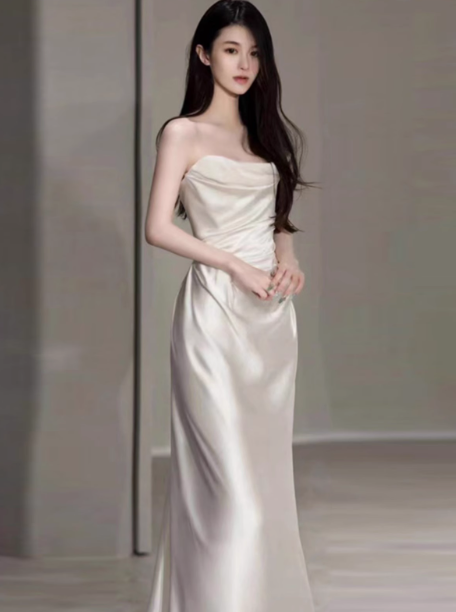 Dreamy Wedding Dress Sheath Strapless White Satin Summer Long Wedding Dresses Bridal Gowns With Cape W0718