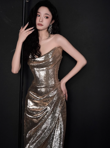Modest Mermaid Strapless Champagne Sequins Formal Gown 20th Birthday Dress Prom Dresses Backless 18th Birthday Outfits W0723