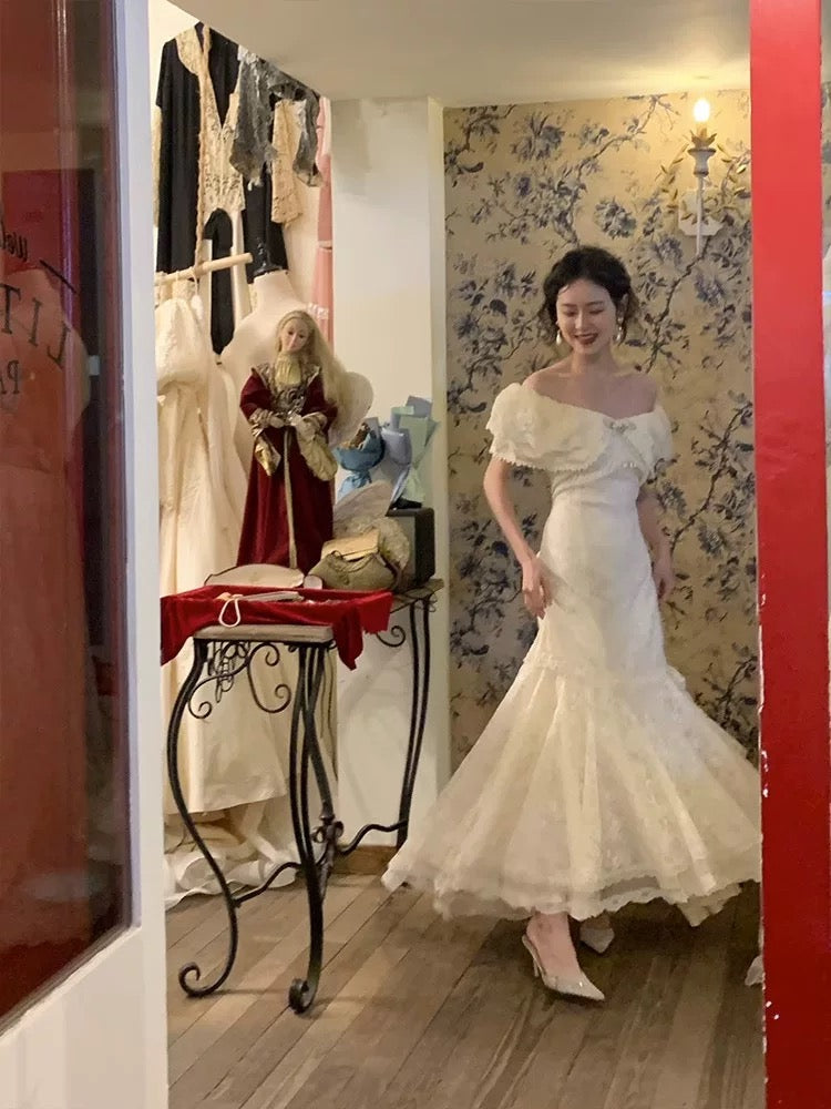 Vintage Wedding Dress Mermaid Off The Shoulder White Lace Summer Long Wedding Dresses Bridal Gowns W0747