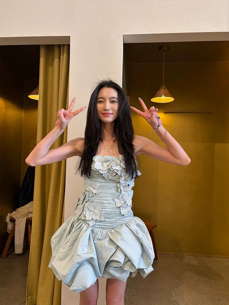 Sexy Sheath Strapless Blue Flowers Short Homecoming Dress Summer Hoco Dresses Cocktail Dress 18th Birthday Outfits W0753