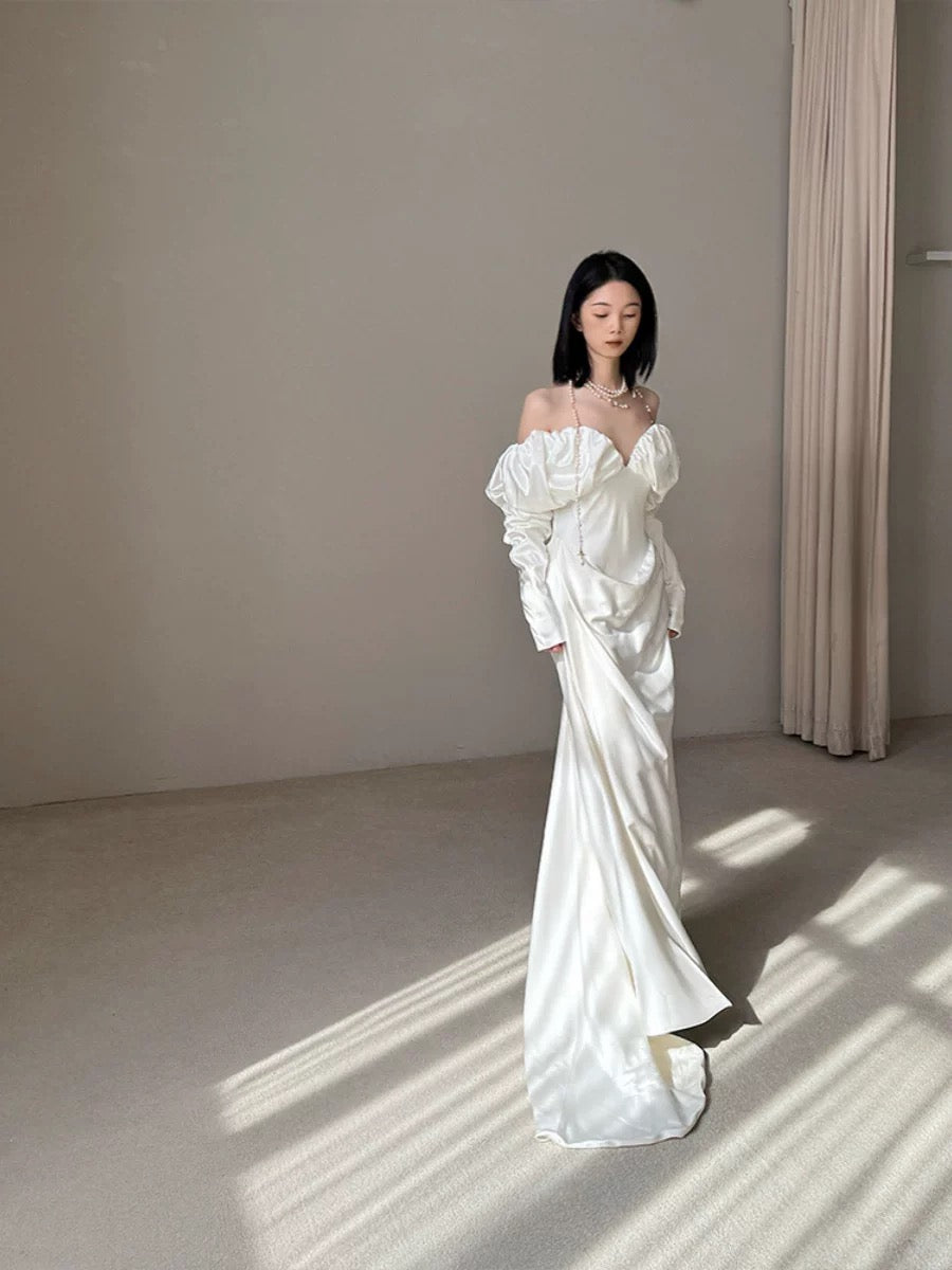 Vintage Wedding Dress Sheath Off The Shoulder Long Sleeves White Summer Beach Long Sleeves Wedding Dresses Bridal Gowns W0769