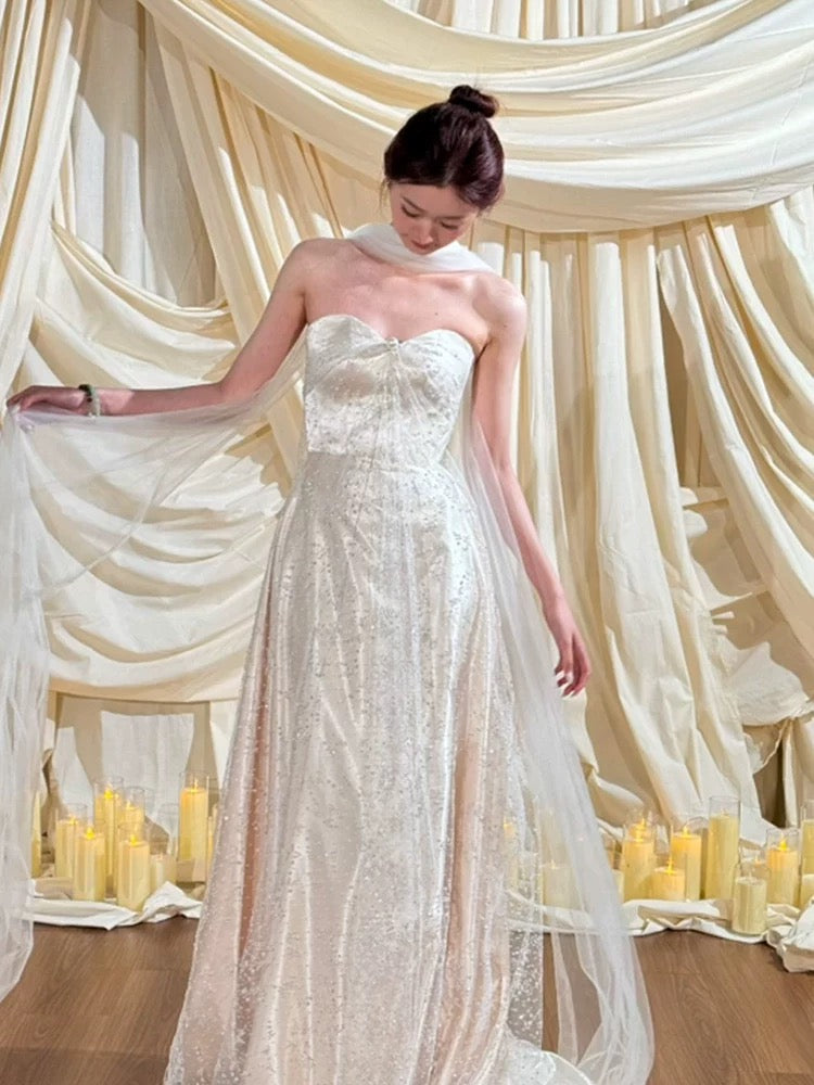 Simple Wedding Dress A Line Sweetheart White Sequin Summer Beach Long Wedding Dresses Bridal Gowns W0775