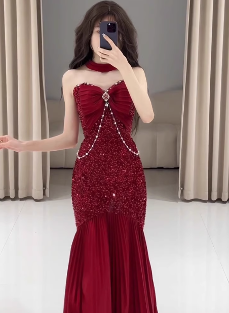 Classy Mermaid Sweetheart Red Sequin Long Prom Dresses Formal Gown Summer Wedding Guest Dresses Wedding Guest Outfit W0777