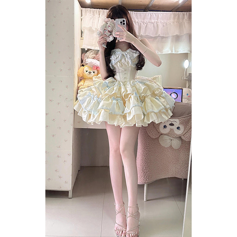 Cute Ball Gown Sweetheart Light Yellow Satin Short Summer 16th Burgundy Birthday Dress Lolita Dress Birthday Outfits W1005