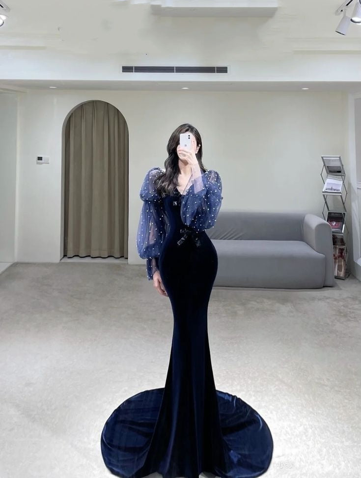Elegant Mermaid Navy Blue V Neck Velvet Long Prom Dresses Party Dress Summer 20th Birthday Outfits 18th Birthday Dresses W1012