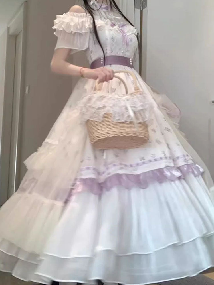 Cute Ball Gown Off The Shoulder Lilac Summer 18th White With Sleeves Birthday Dress Lolita Dress Birthday Outfits W1012