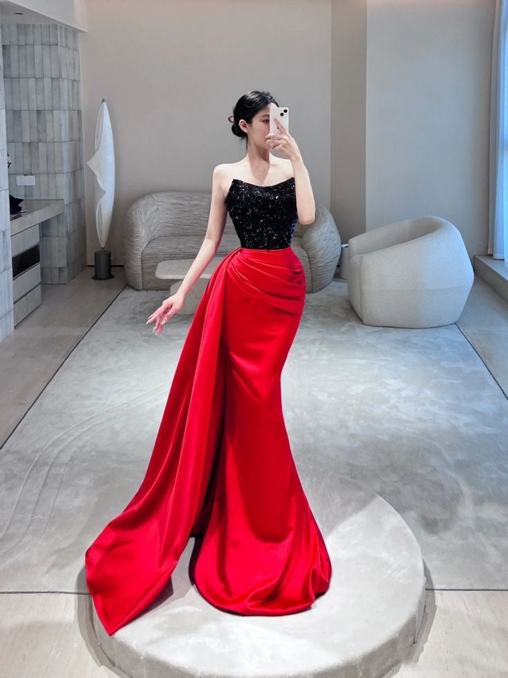 Elegant Mermaid Strapless Red Satin Long Prom Dresses Party Dress Summer 20th Birthday Outfits 18th Birthday Dresses W1025
