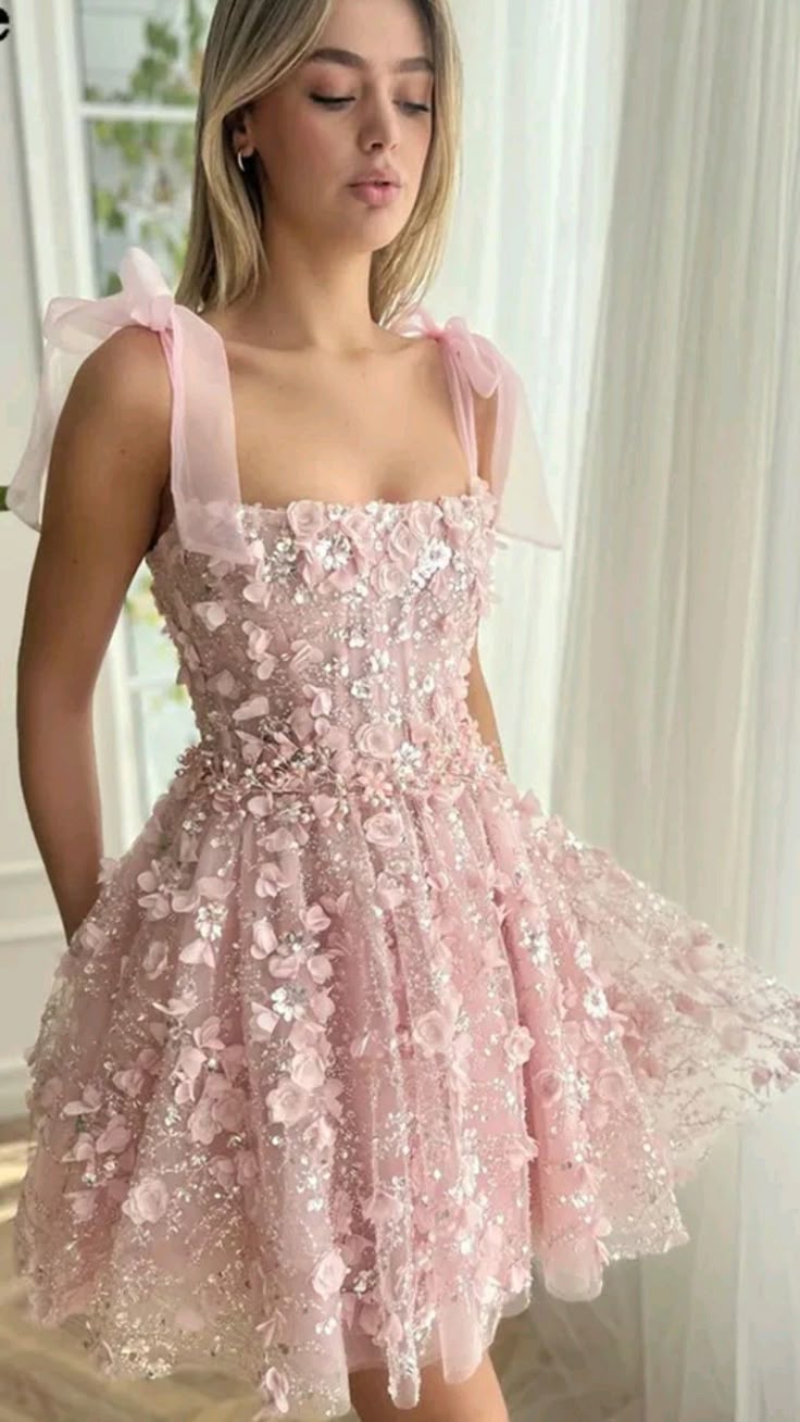 Cute A line Straps Short Lace Pink Formal 8th Grade Homecoming Dress Summer Middle School Hoco Dresses Birthday Outfits W1115