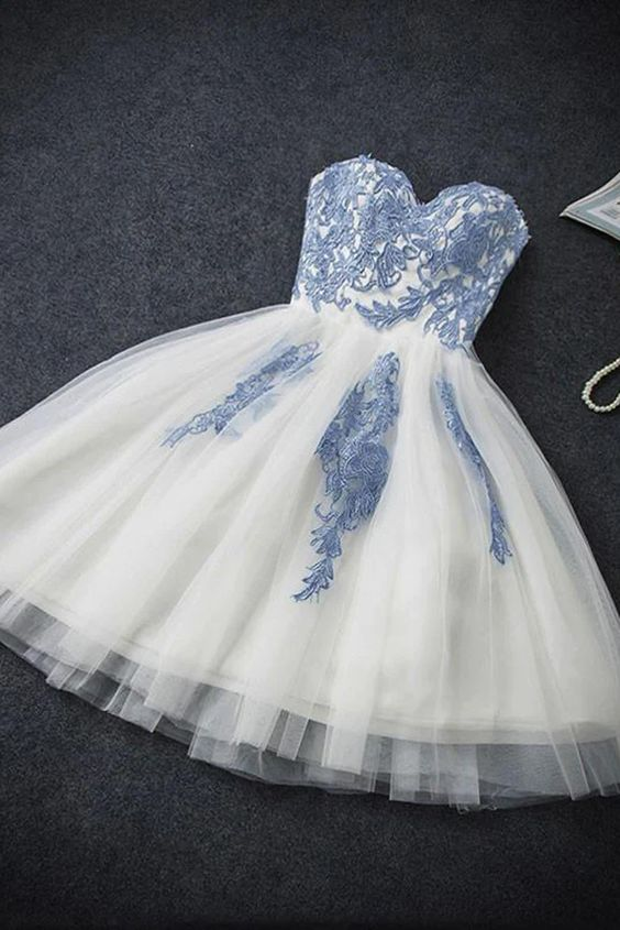 A-line Blue Sweetheart Strapless Appliques Homecoming Dresses SH790