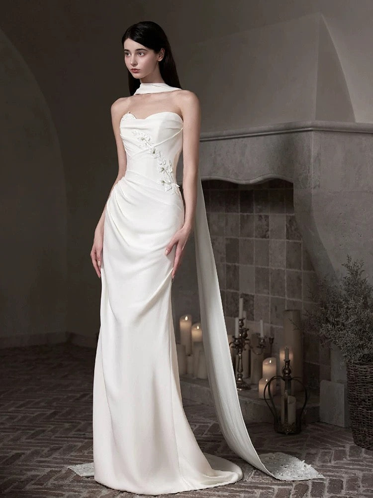 Pretty Wedding Dress Mermaid Sweetheart White Long Satin Wedding Dresses Bridal Gowns Brides Gown W0798