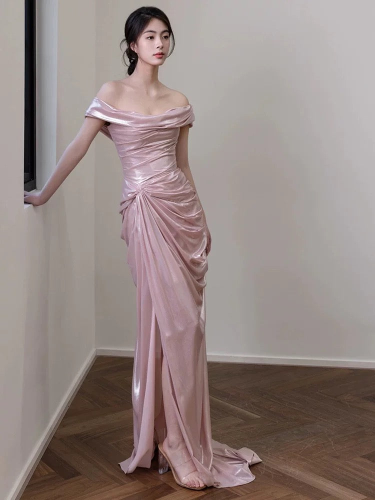 Elegant Mermaid Off The Shoulder Pink Satin Short Sleeves Long Evening Party Gowns Evening Formal Dresses Prom Dress W801