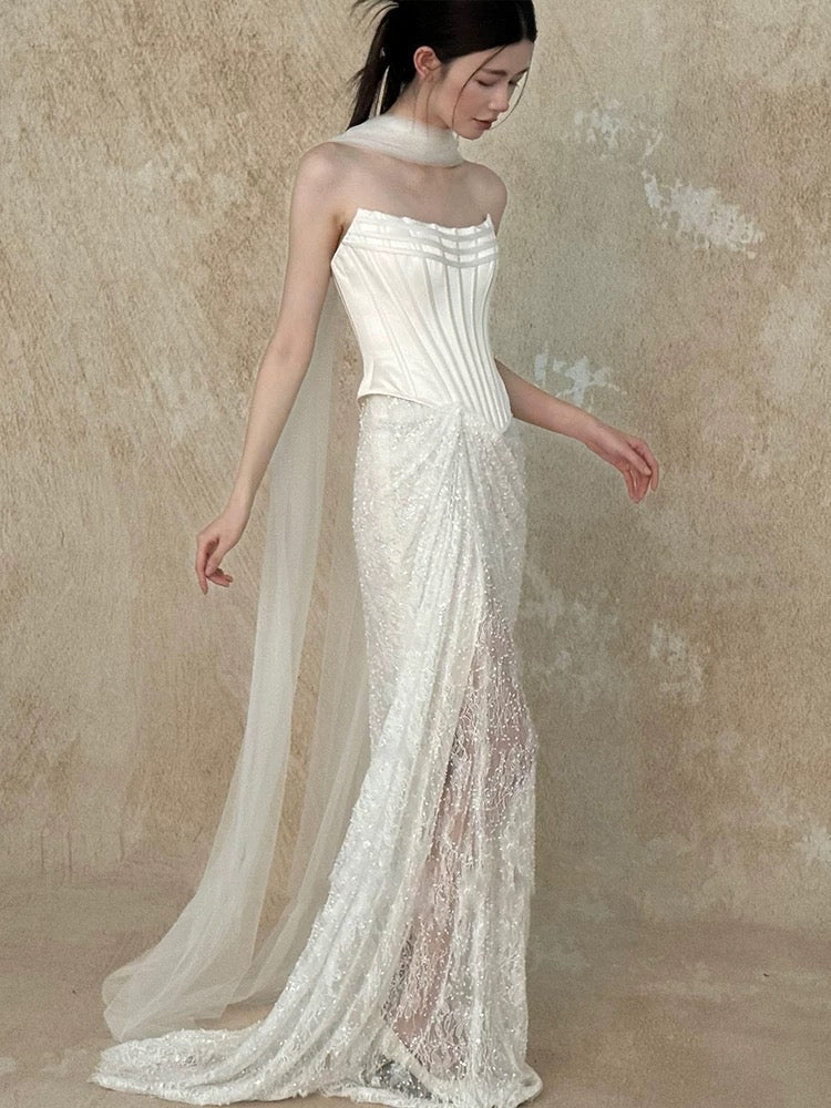 Pretty Wedding Dress Mermaid Strapless White Long Satin Wedding Dresses Bridal Gowns Brides Gown W802