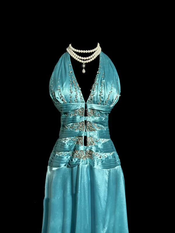 Vintage A line Halter Blue 1950s Retro Classy Satin Long Prom Dresses Party Dress 21st Birthday Outfits Graduation Dresses SH3509