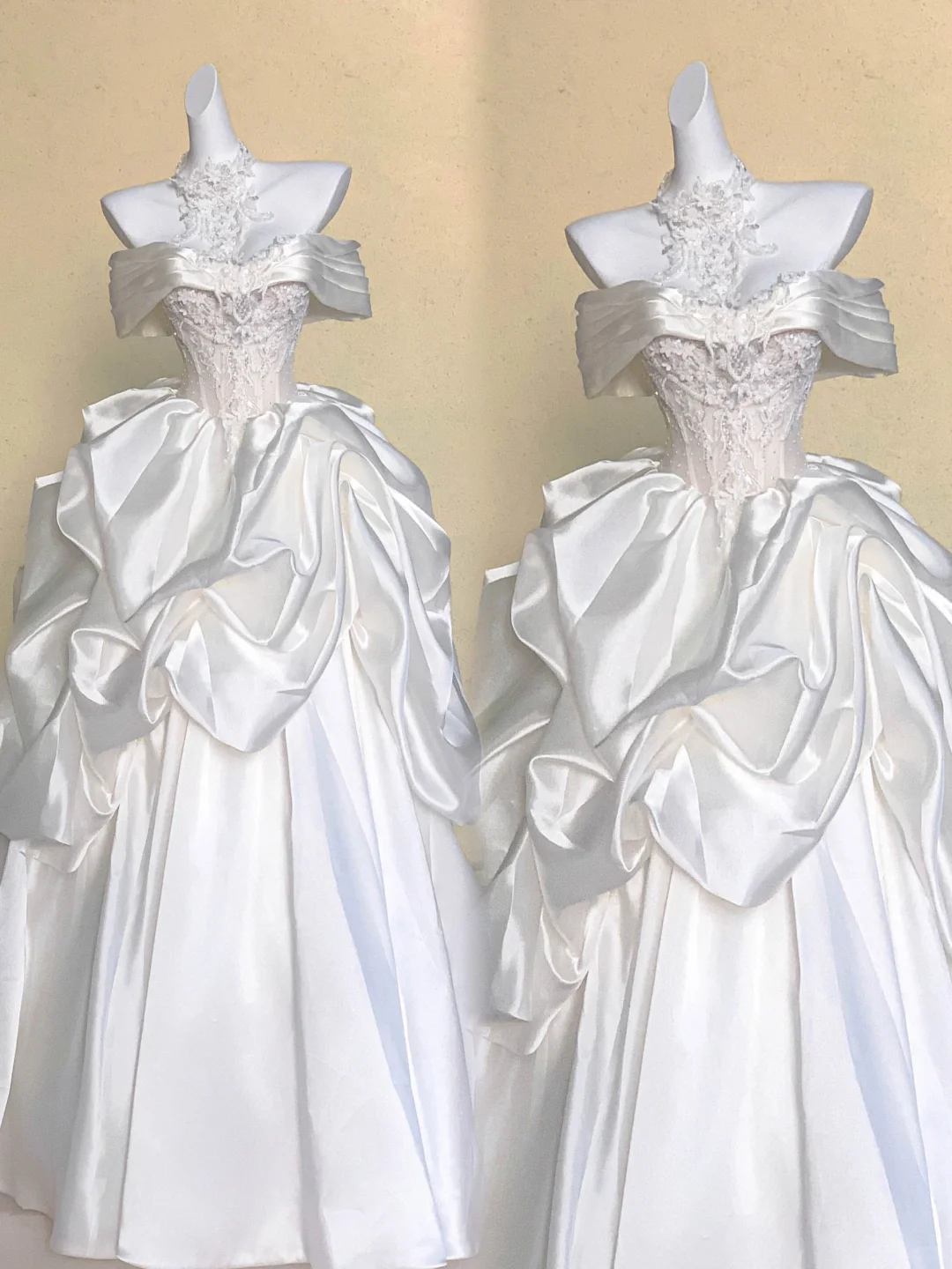 Pretty Wedding Dress Ball Gown Off The Shoulder White Satin Long Wedding Dresses Bridal Gowns WD008