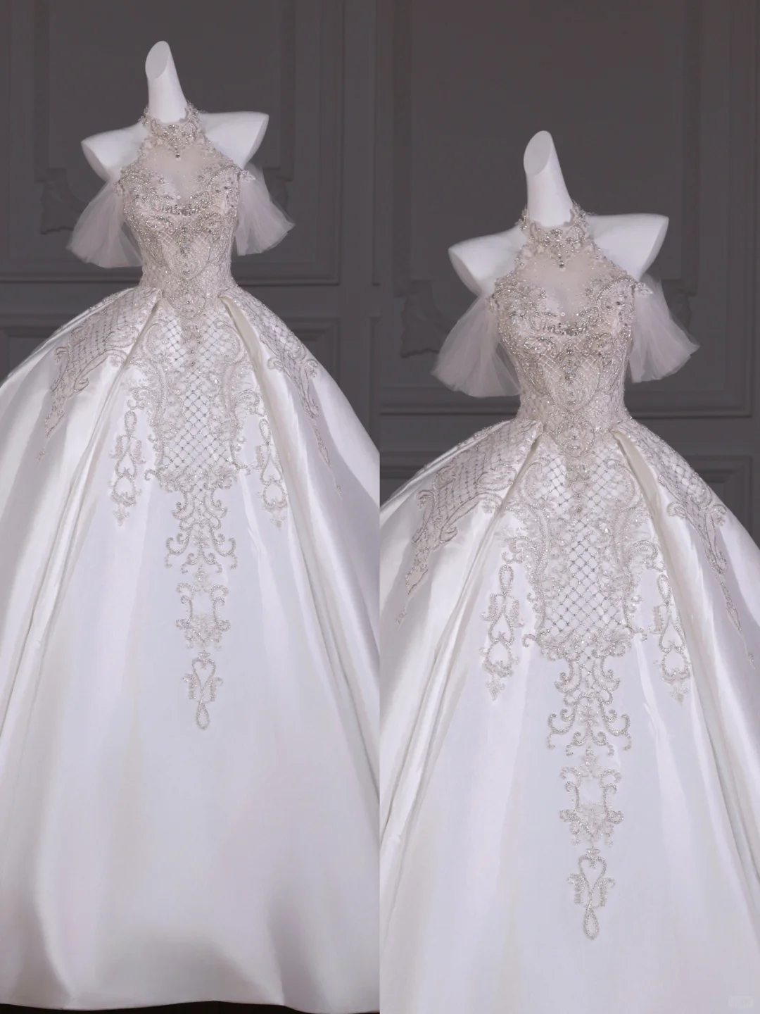 Pretty Wedding Dress Ball Gown High Neck Long Satin Wedding Dresses With Appliques Bridal Gowns WD015