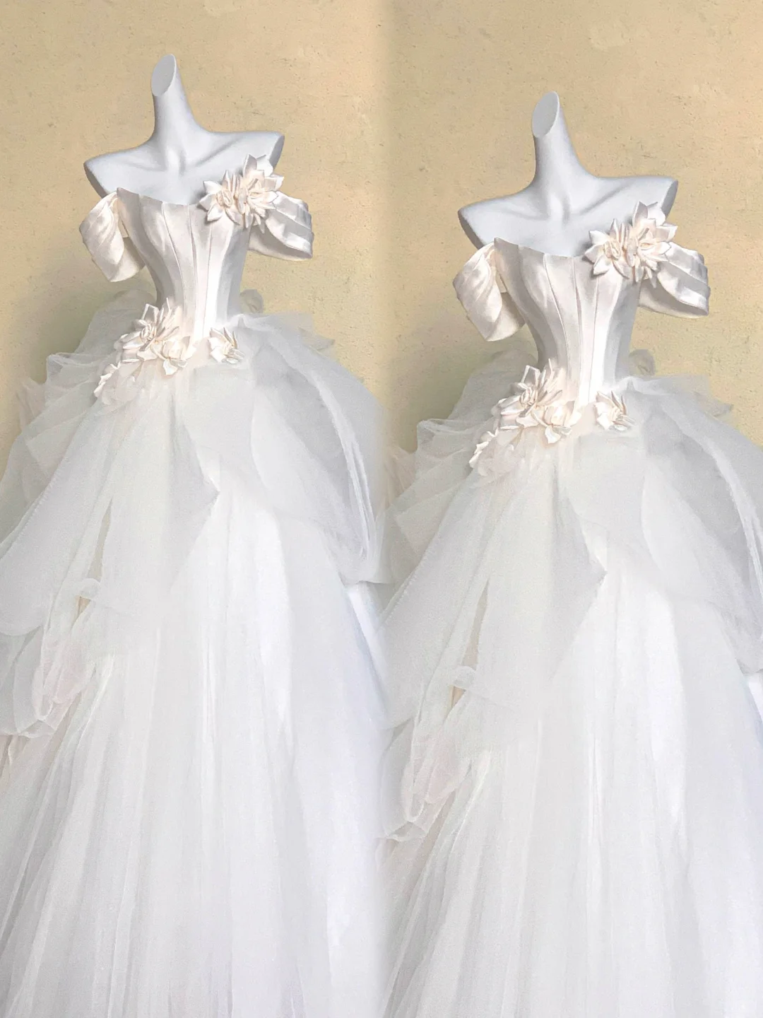 Pretty Wedding Dress Ball Gown Off The Shoulder White Satin Long Wedding Dresses With Flowers Bridal Gowns WD021