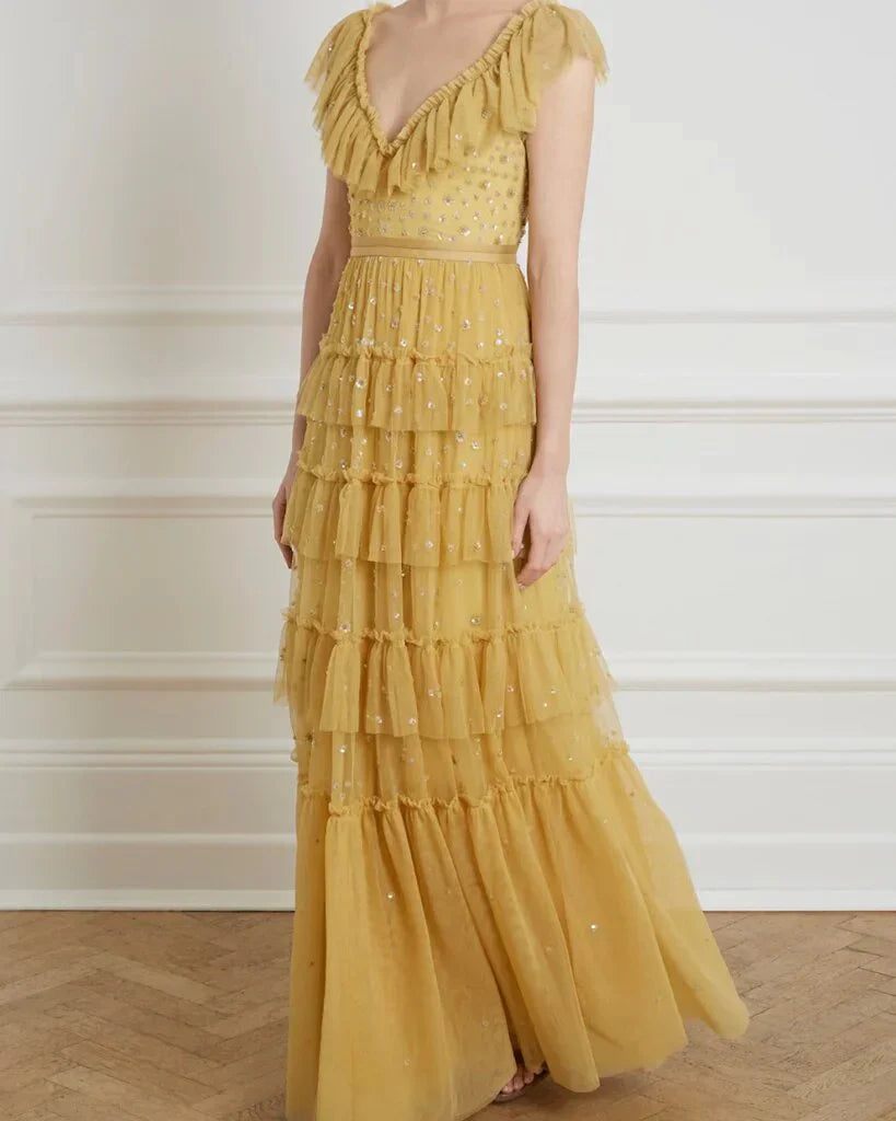 Yellow fashion unique ruffled V neck long floor length tulle ball gown evening dress gh2786