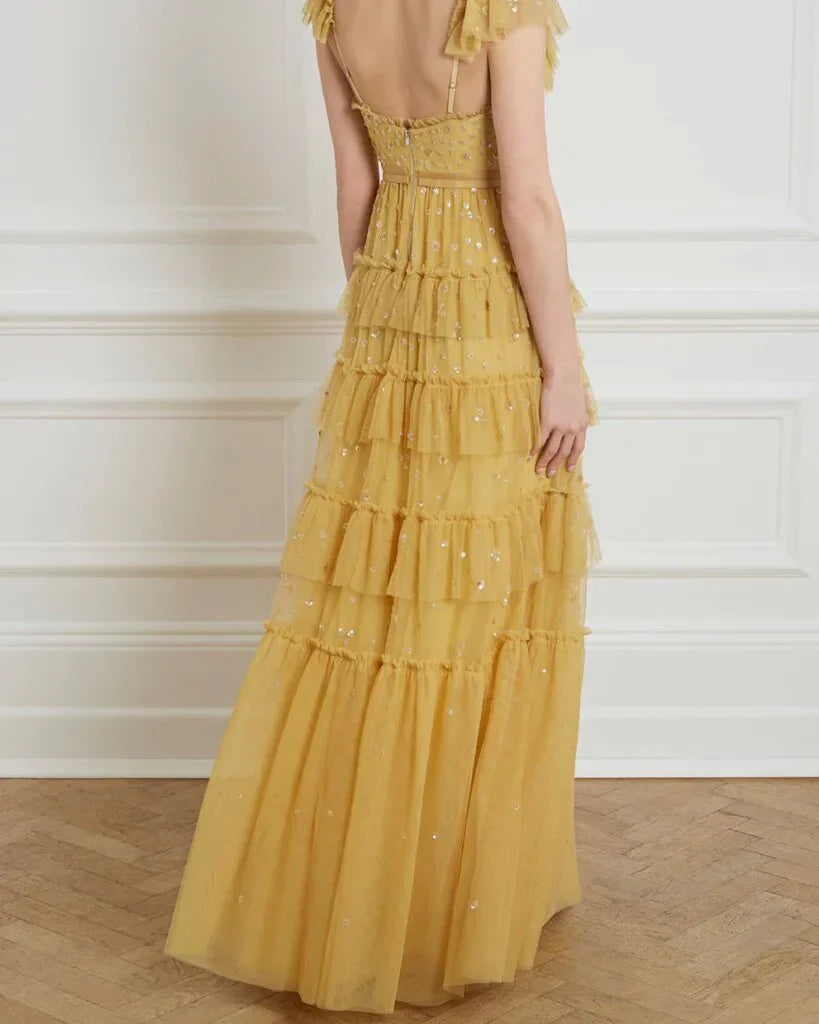 Yellow fashion unique ruffled V neck long floor length tulle ball gown evening dress gh2786
